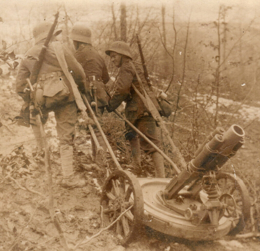 WWI German Trench Mortar Rifle Bayonet Soldier Battlefield  Real Photo Postcard