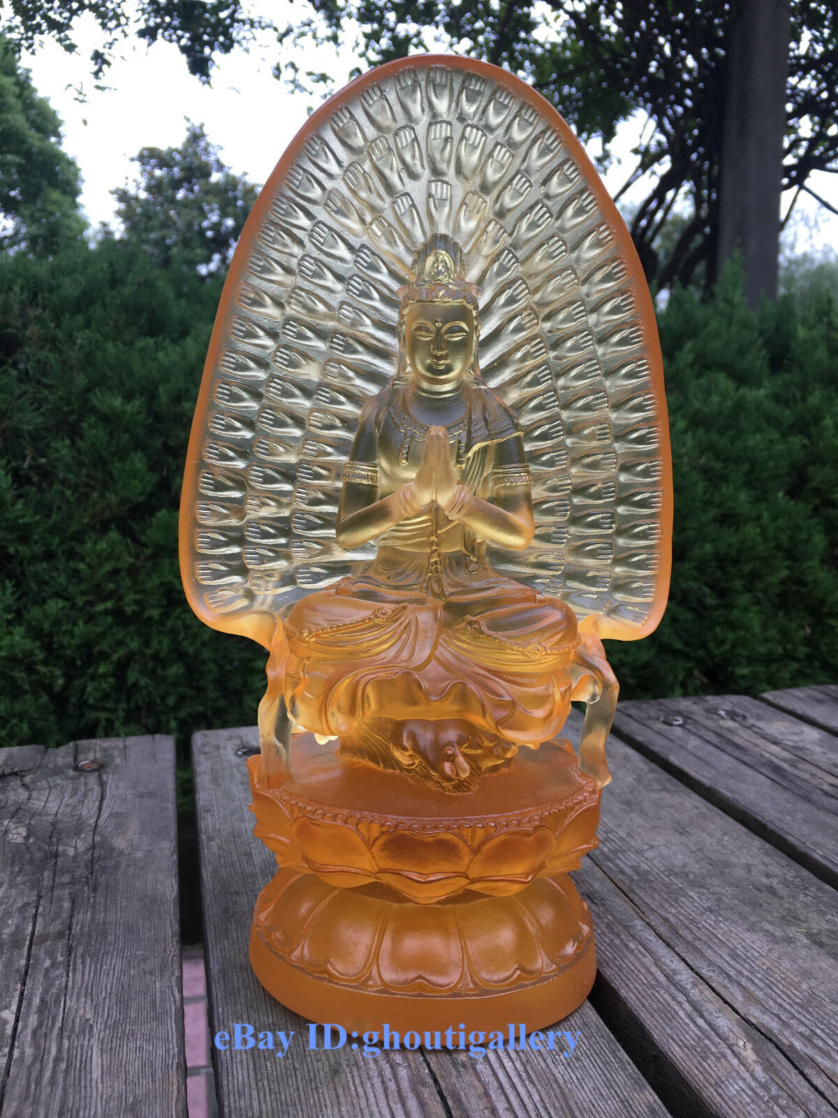 AMBER COLOR ART GLASS PATE-DE-VERRE THOUSAND-HAND KWANYIN BUDDHA CRYSTAL STATUE