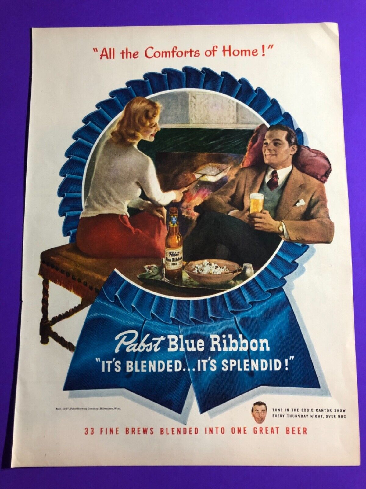 1940’s Pabst Blue Ribbon Eddie Cantor Milwaukee Magazine Print Ad 14x10.5”