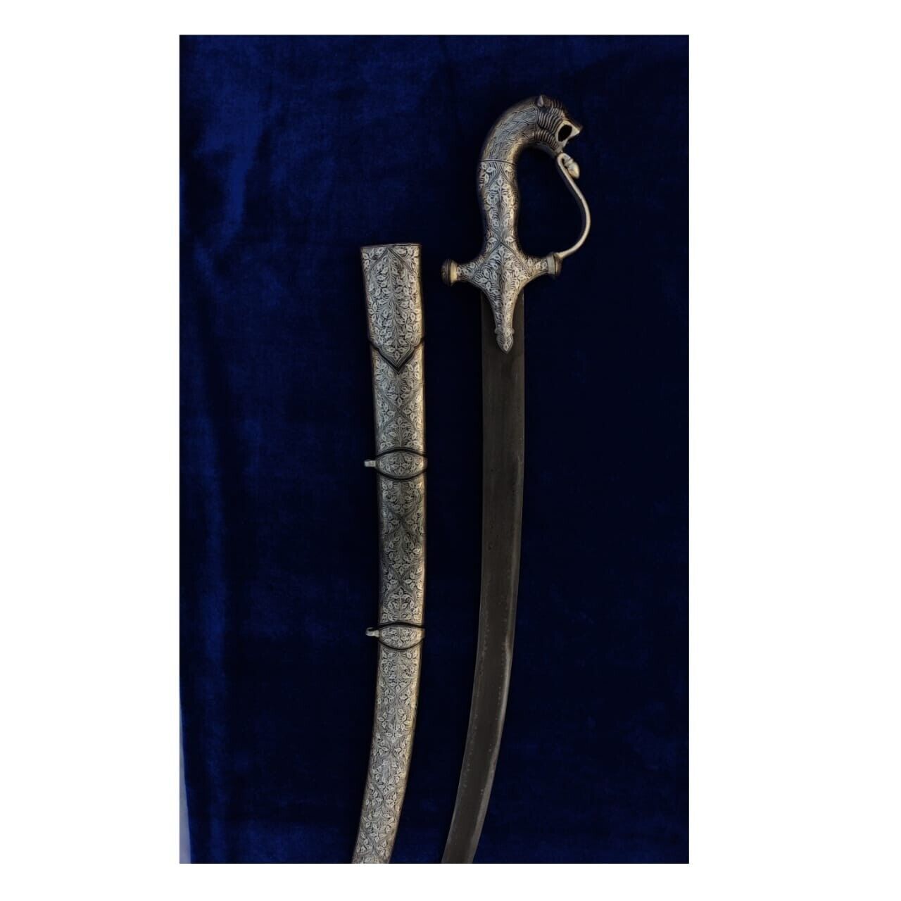 TIGER face hilt sword, silver koftgiri, metal scabbard ,damascus steel blade,