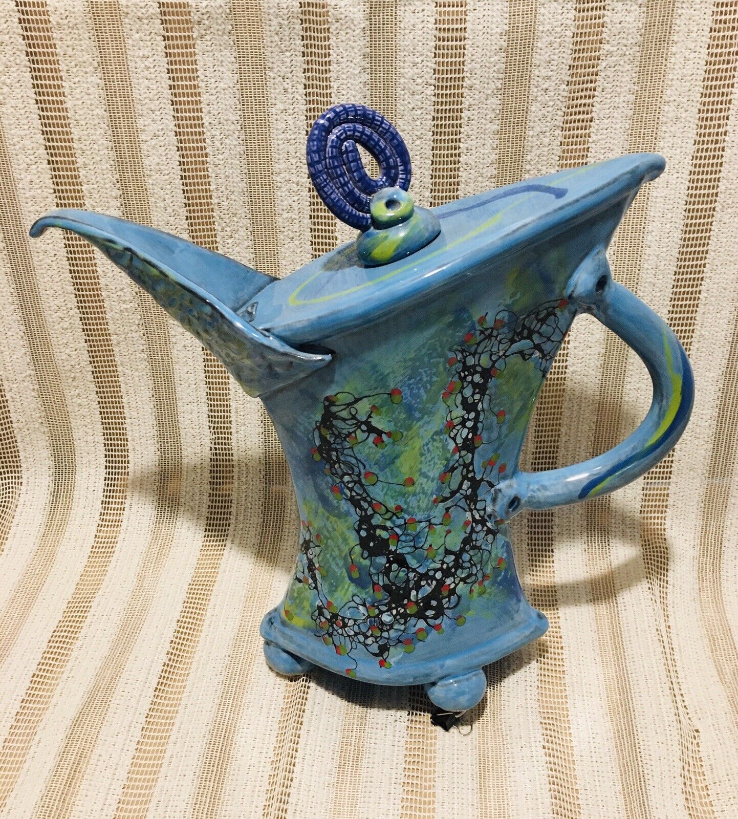 Abstract Vintage Glazed hand-painted Ceramic Water Tea Pitcher Rare Pittman Blue