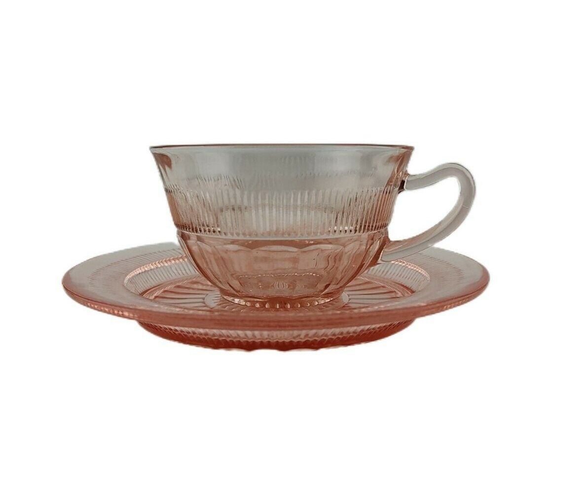 Vintage Coronation Anchor Hocking Depression Pink Glass Teacup & Saucer Set