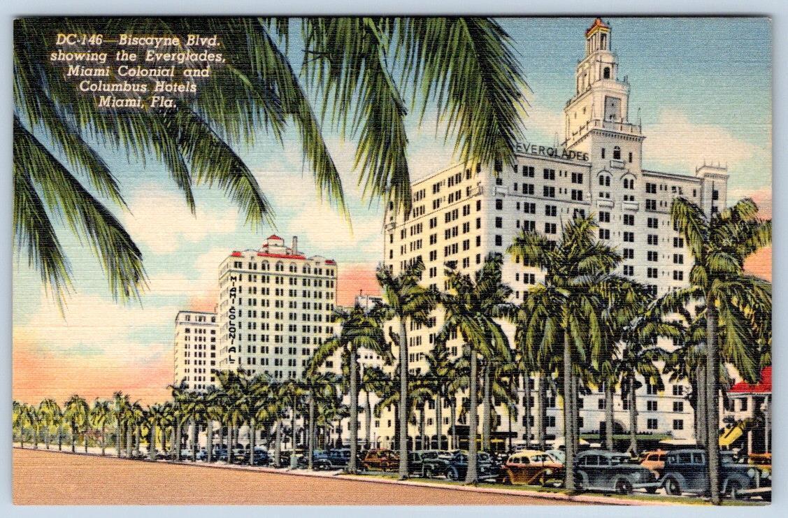 1940-50\'s HOTELS EVERGLADES COLONIAL COLUMBUS MIAMI FL VINTAGE LINEN POSTCARD