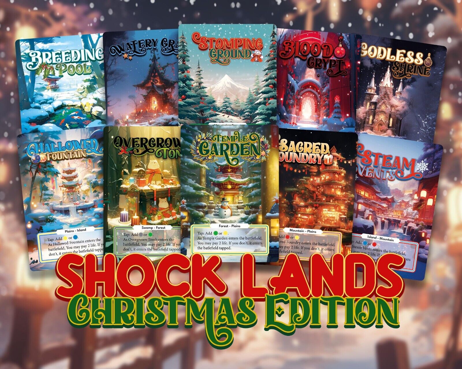 x10 Shock Lands Christmas Edition - High Quality Altered Art Custom Cards