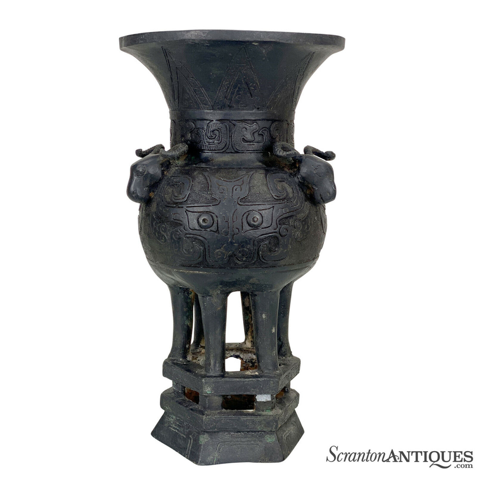 Antique Japanese Meiji Pottery Etched Pedestal Urn w/ Ox Head Motif