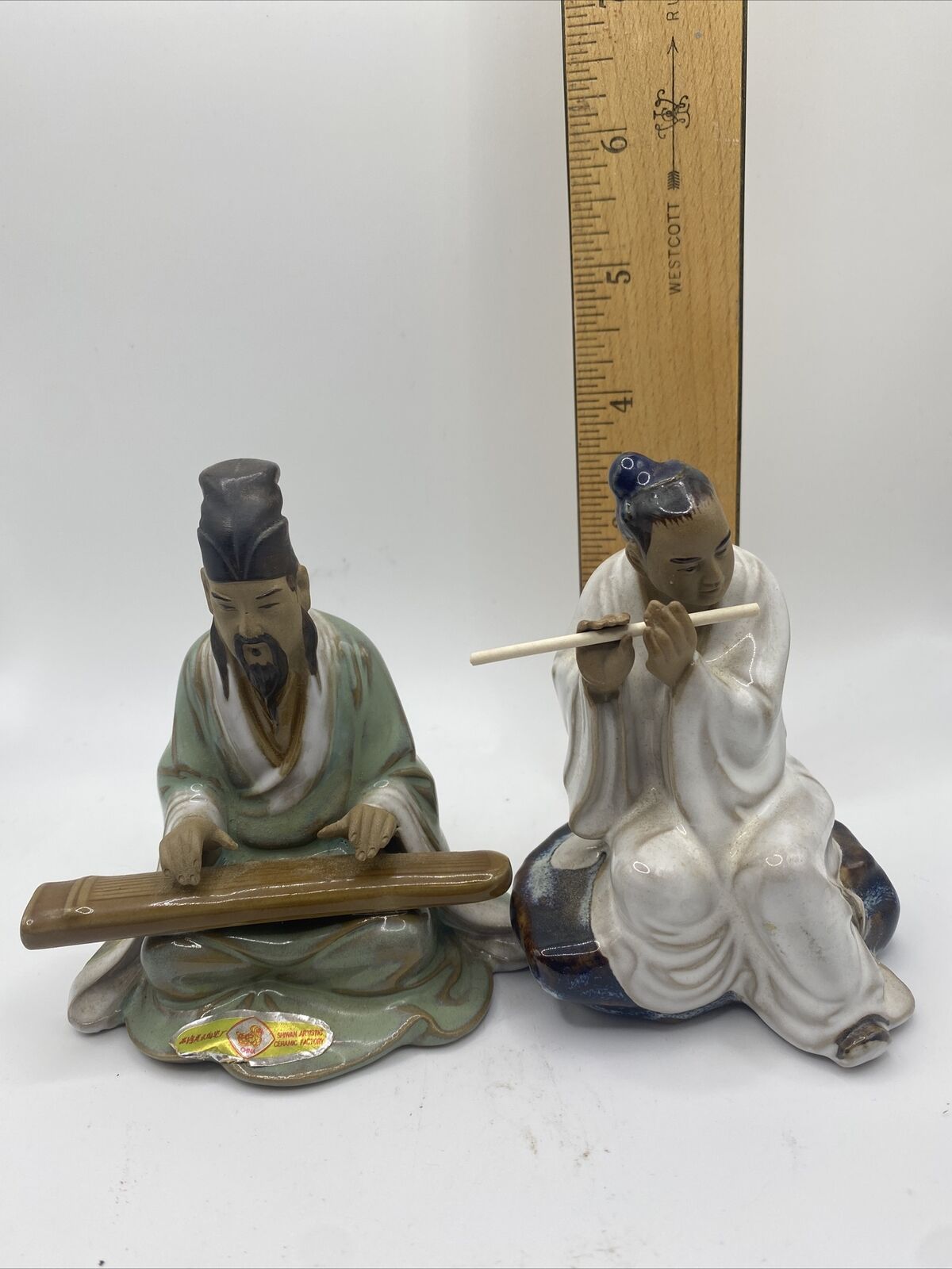 Pair Of Vintage Chinese Mudmen Musician Figurines