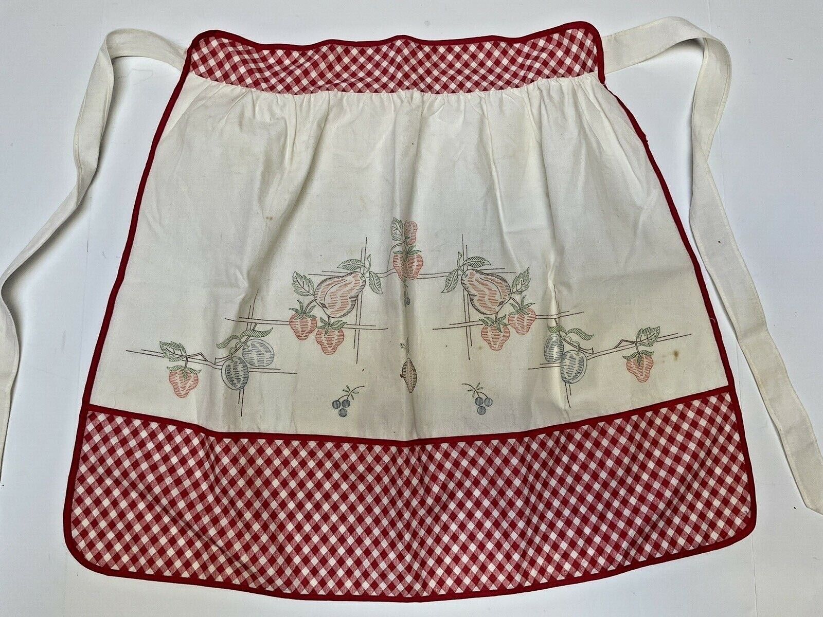 Vintage Kitchen Apron Cotton Floral Embroider 21x25 in Gingham Print Trim MCM  
