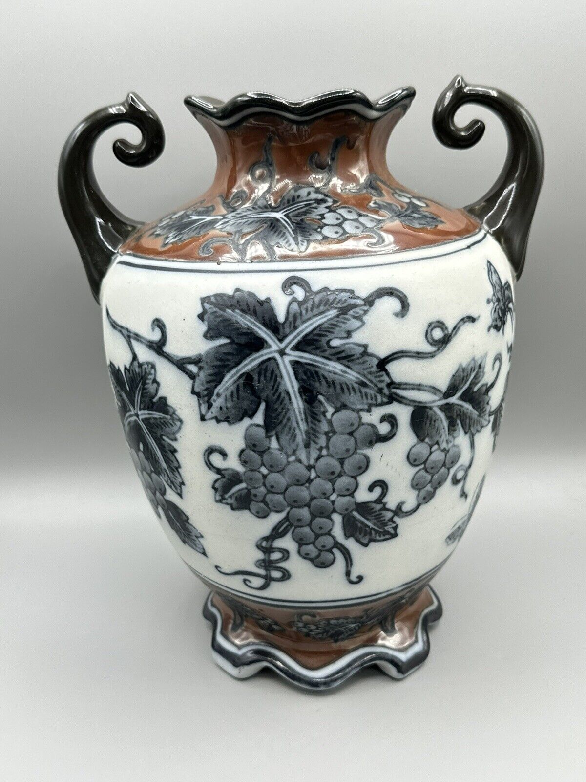 Vintage Antique Ceramic Handled Gourd Vase Brown Floral Flower Design 10in”