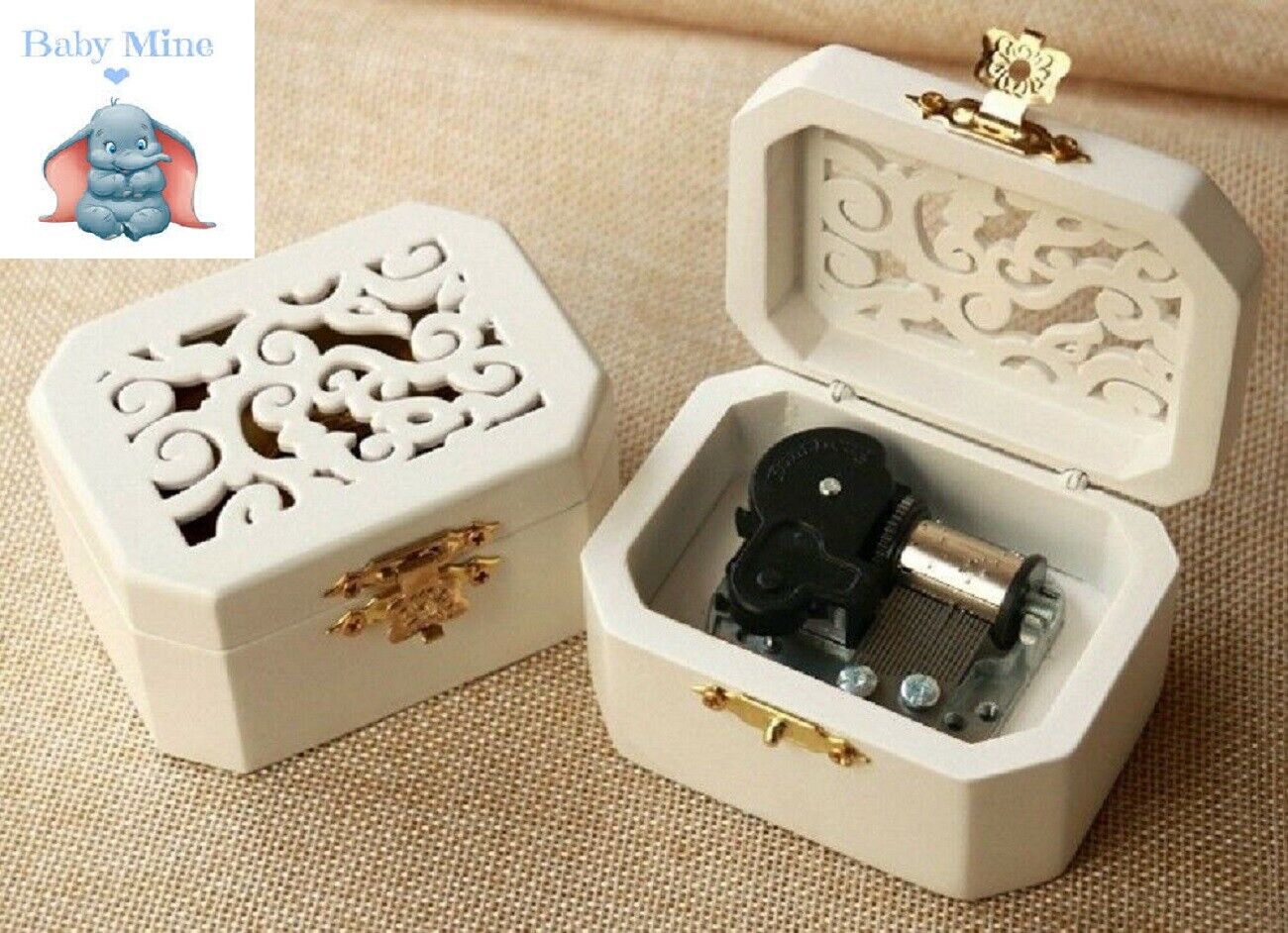 WHITE WOOD OCTAGON CARVING MUSIC BOX ♫  BABY MINE ♫