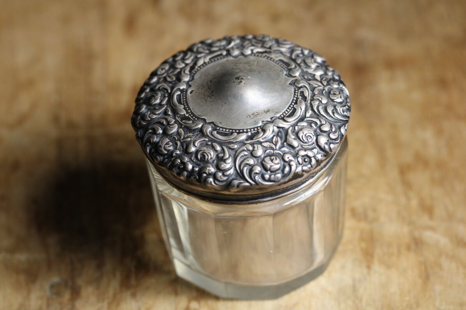 Antique Unger Bros. Sterling Floral Repousse Faceted Crystal Glass Dresser Jar