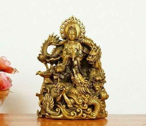 China fengshui Brass carved Double dragon guard lotus Kwan-yin Statue guan yin