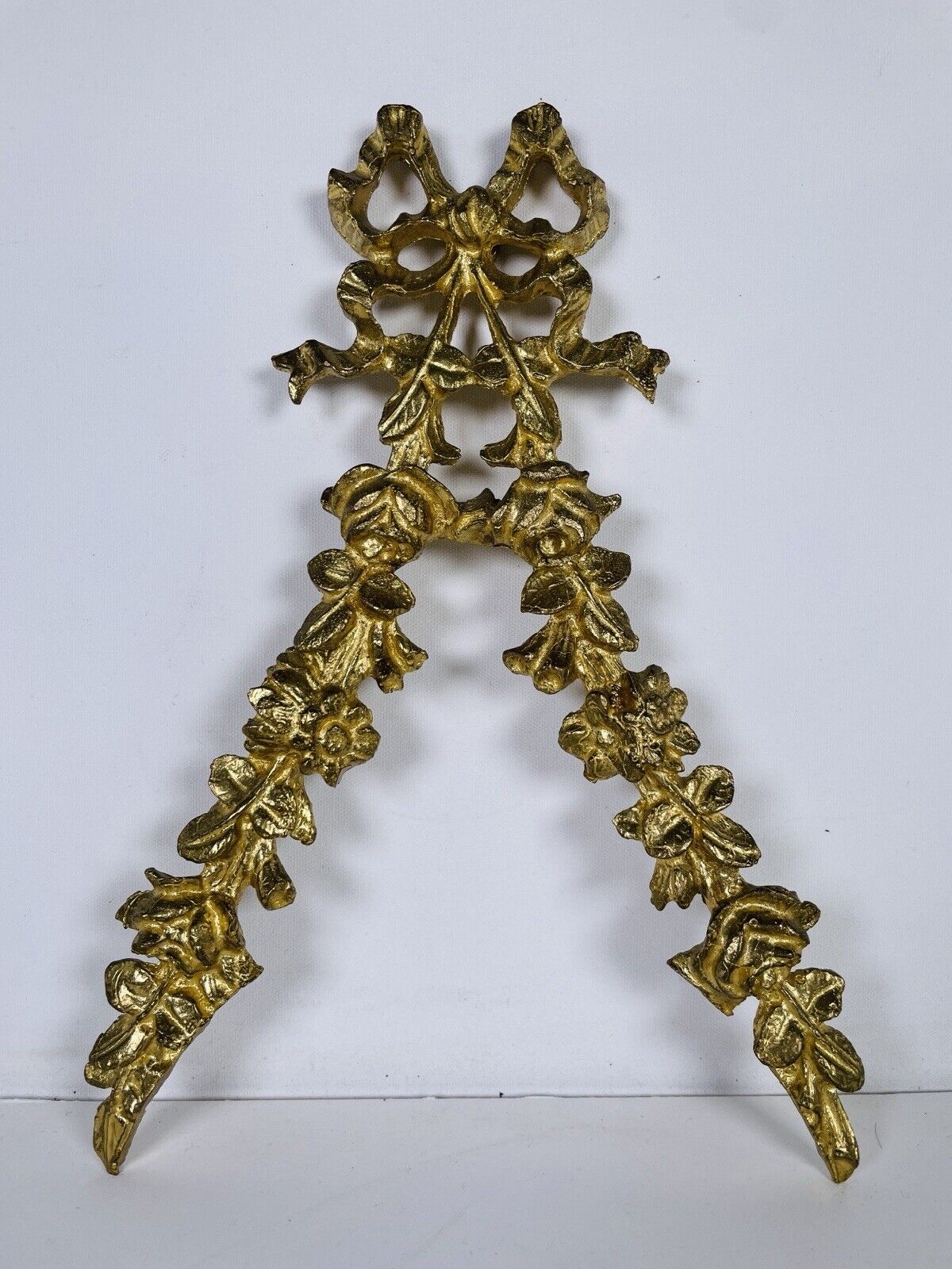 VTG French Louis XV Style Gilded Bronze Brass Ribbon Bow Floral Wall Hanging