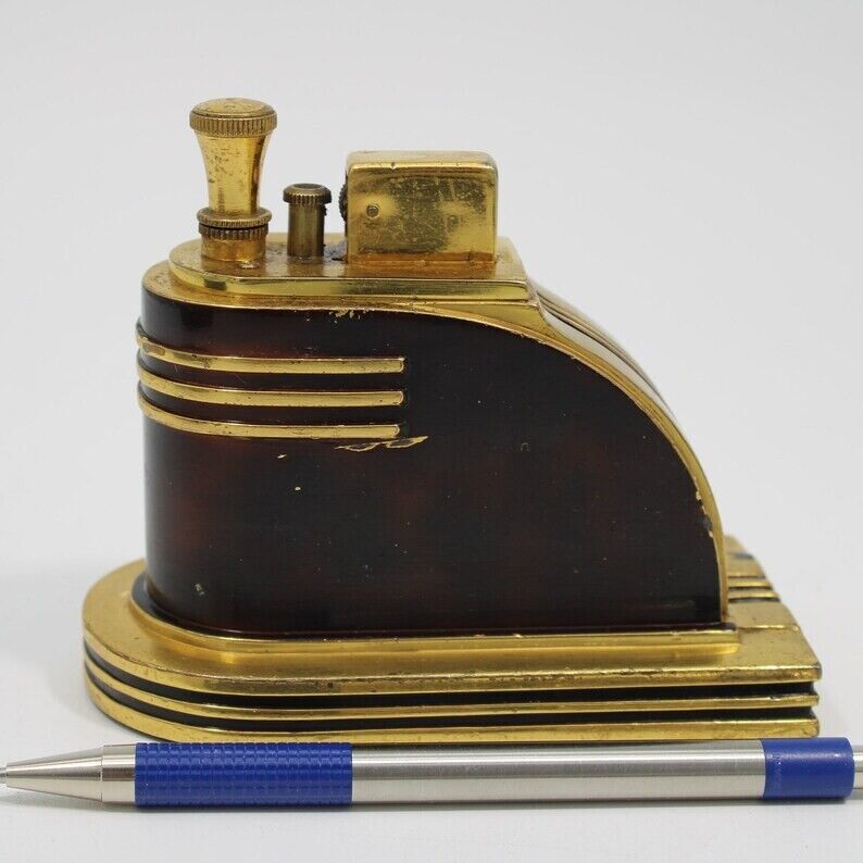 Art Deco Ronson Streamline Touch-Tip Lighter Tortise & Gold Trim 1930's Rare