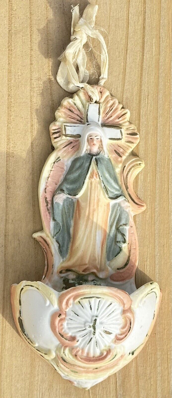 Porcelain Bisque Holy Water Font Mary Hand Painted 6.5” X 3.25” Vintage