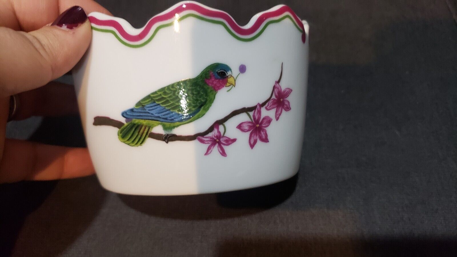 VTG RARE LYNN CHASE Parrots of Paradise Oval Scalloped Candy Bowl Tropical Birds