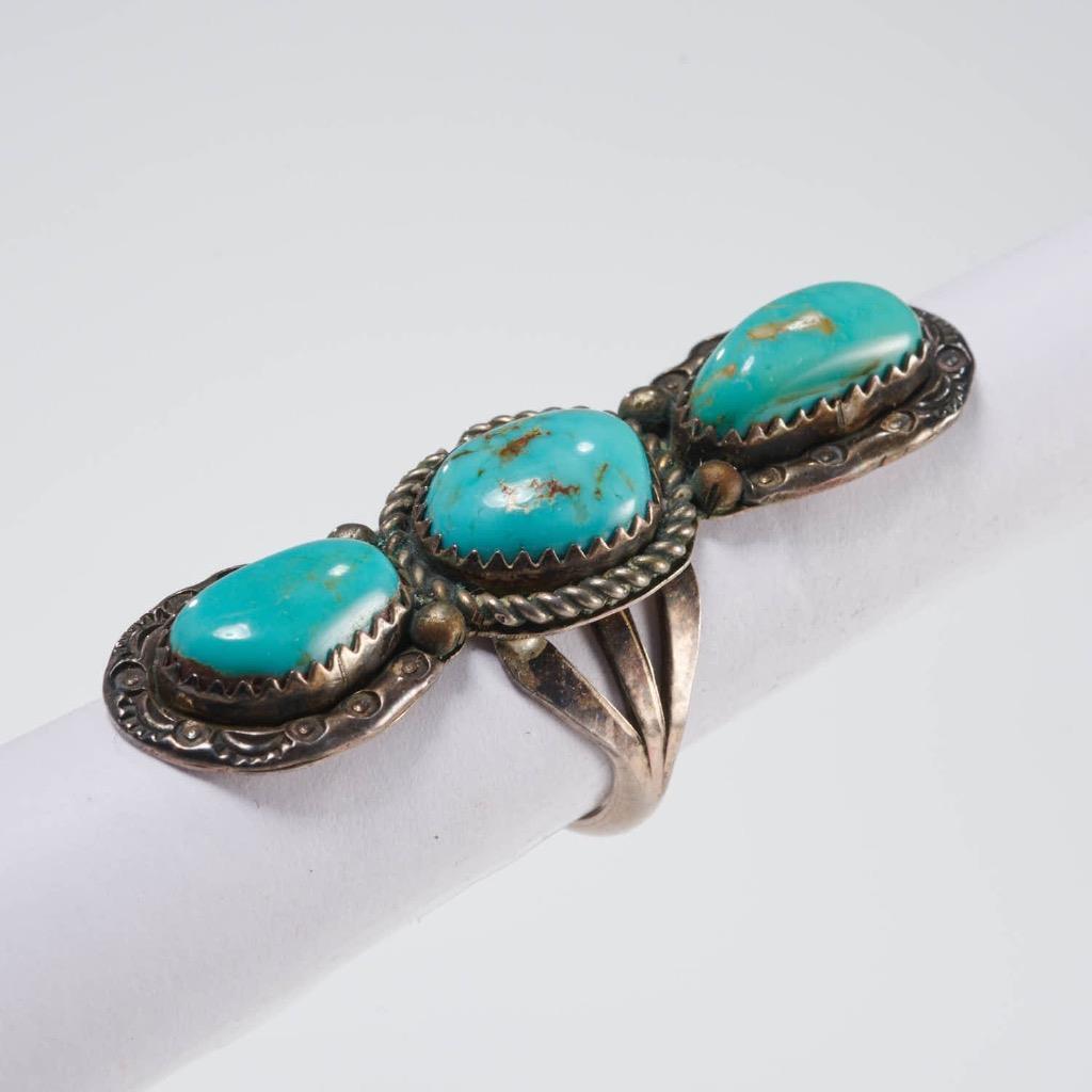 Vtg Native American Old Pawn 3 Stone Turquoise & Silver Ring Butler\'s Gallup Tag