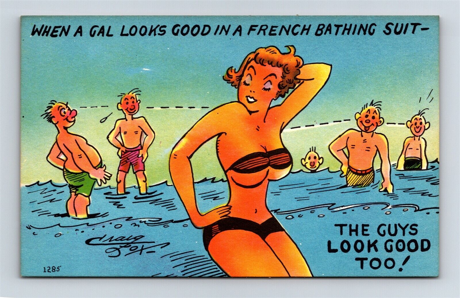 Postcard Humor Woman Look Good In French Bathing Suit Guys Look Good Too AL1