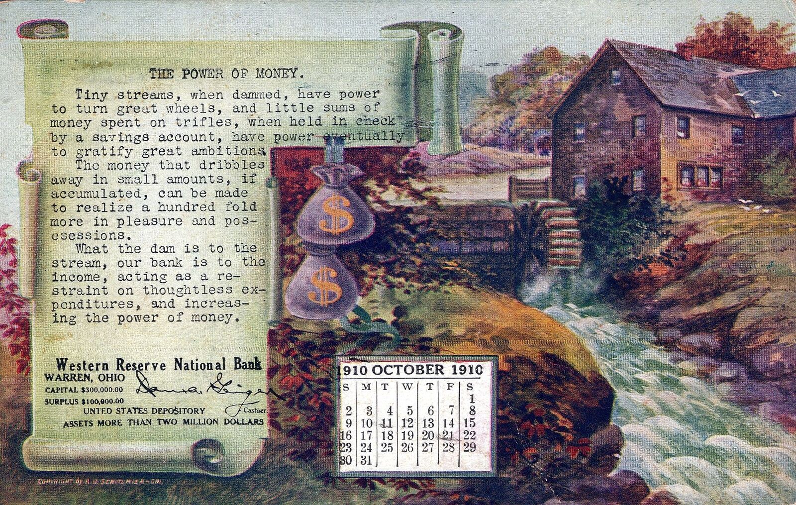 WARREN OH - Western Reserve National Bank 1910 Calendar Advertising Postcard