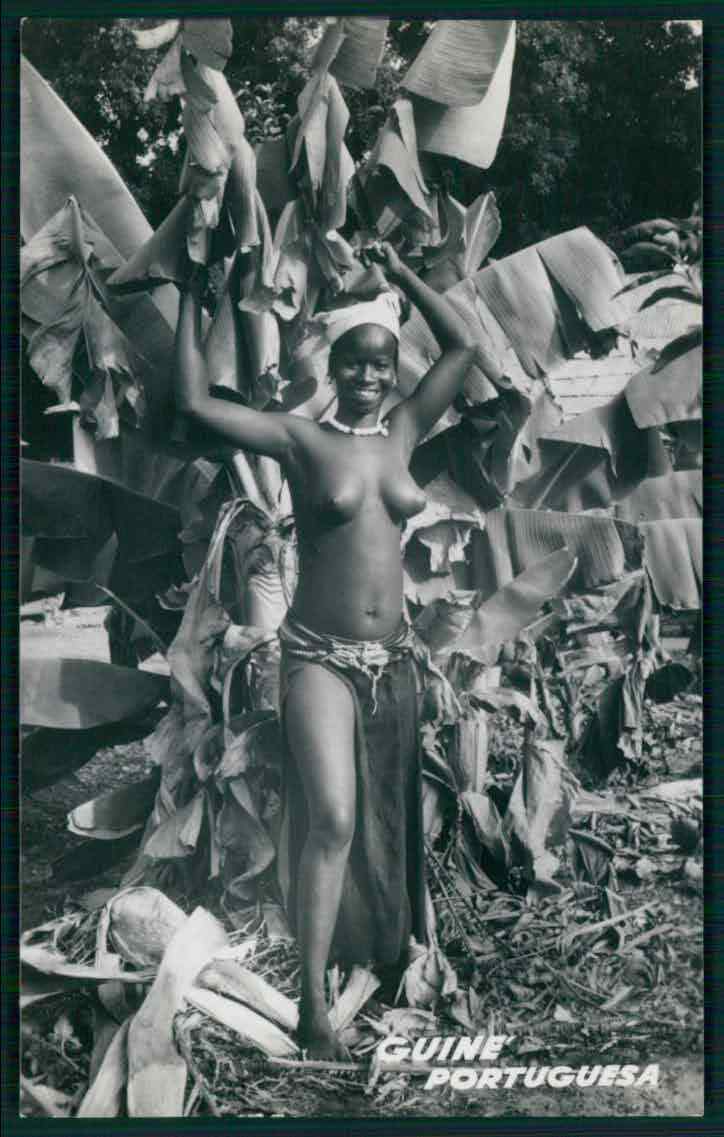 Africa black nude woman Guinea Bissau Banana tree original c1950s photo postcard