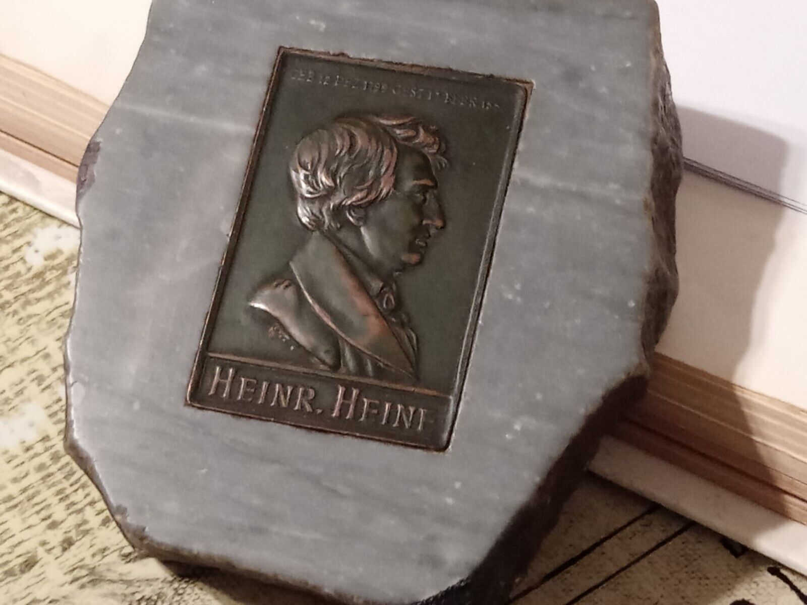 Heinrich Heine Marble Paperweight W/Plaque Metalic Medal German Poet
