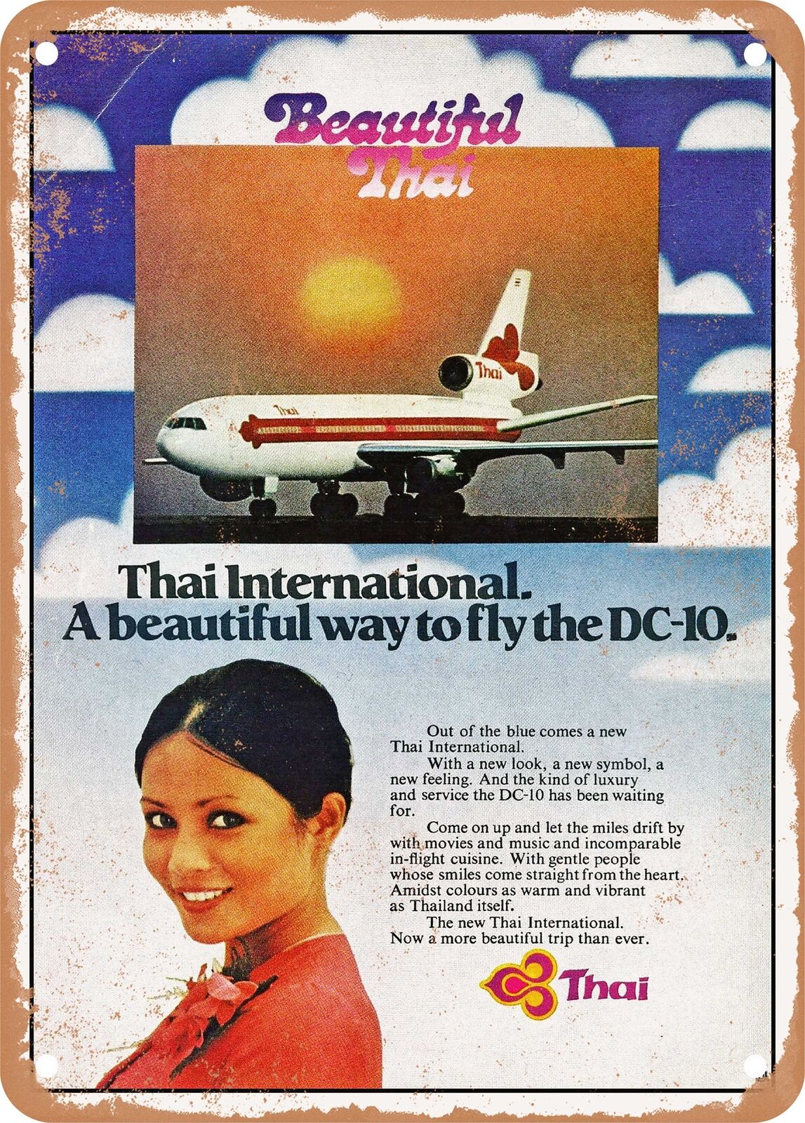METAL SIGN - 1975 Beautiful Thai International Way to Fly the DC-10