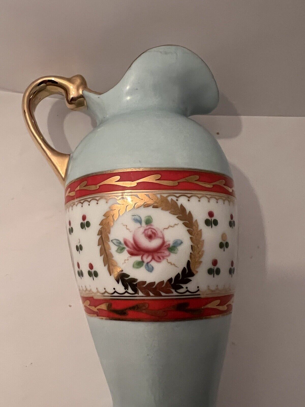 Vintage Aqua blue Grecian style Vase/creamer pitcher ewer gold gilded handle 7”