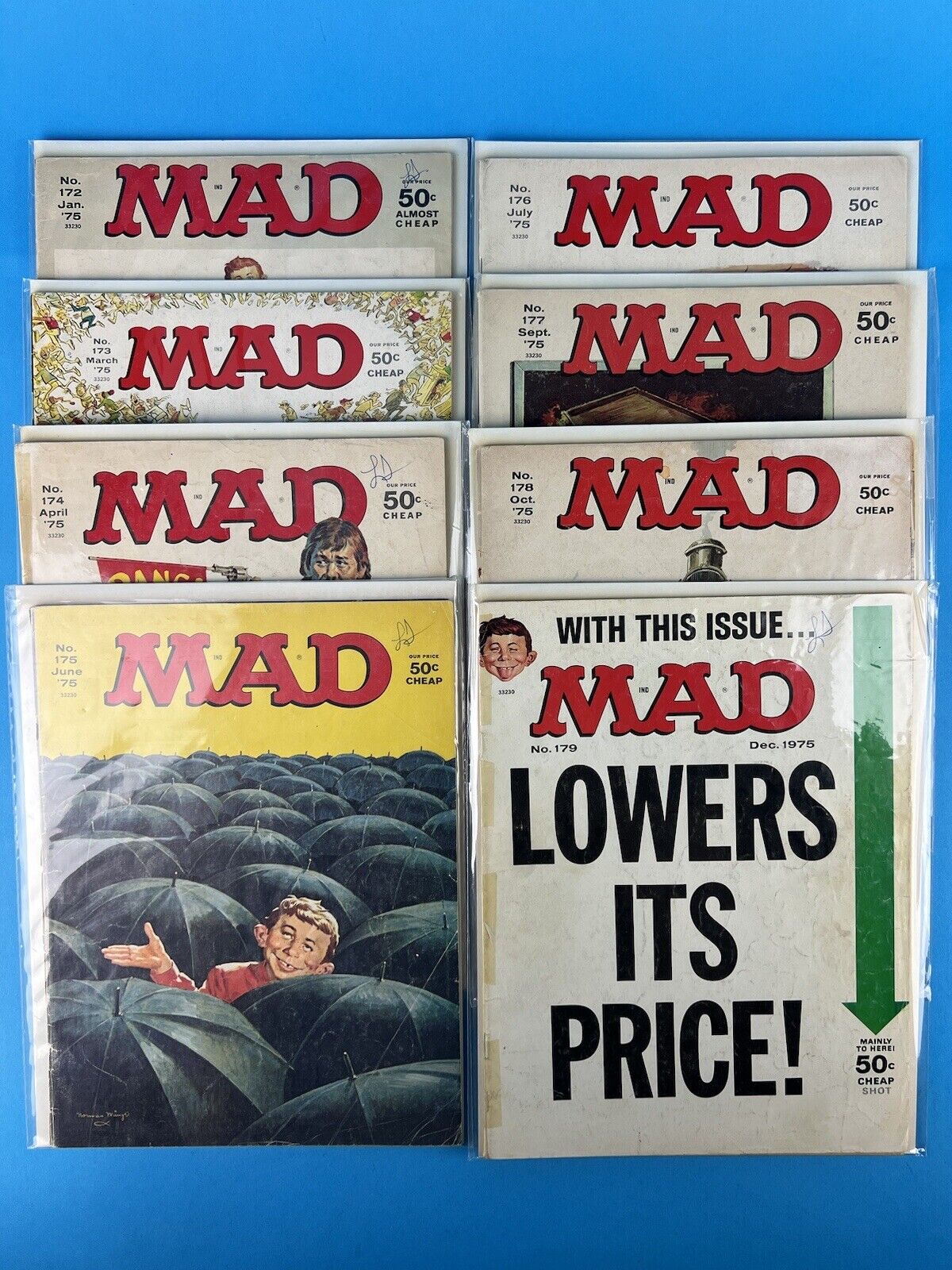Vintage MAD MAGAZINE Lot -  1975 COMPLETE YEAR  (ISSUES #172-179) G-FN