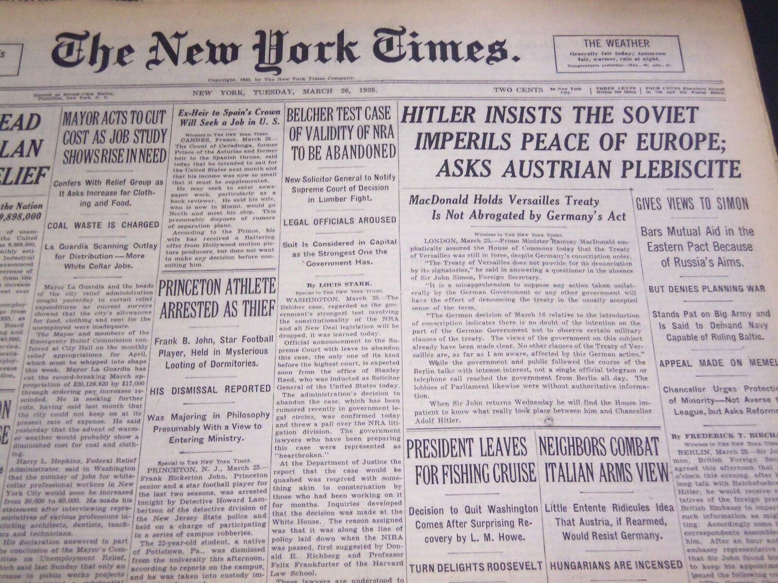 1935 MAR 26 NEW YORK TIMES HITLER INSISTS SOVIET IMPERILS PEACE EUROPE - NT 4855