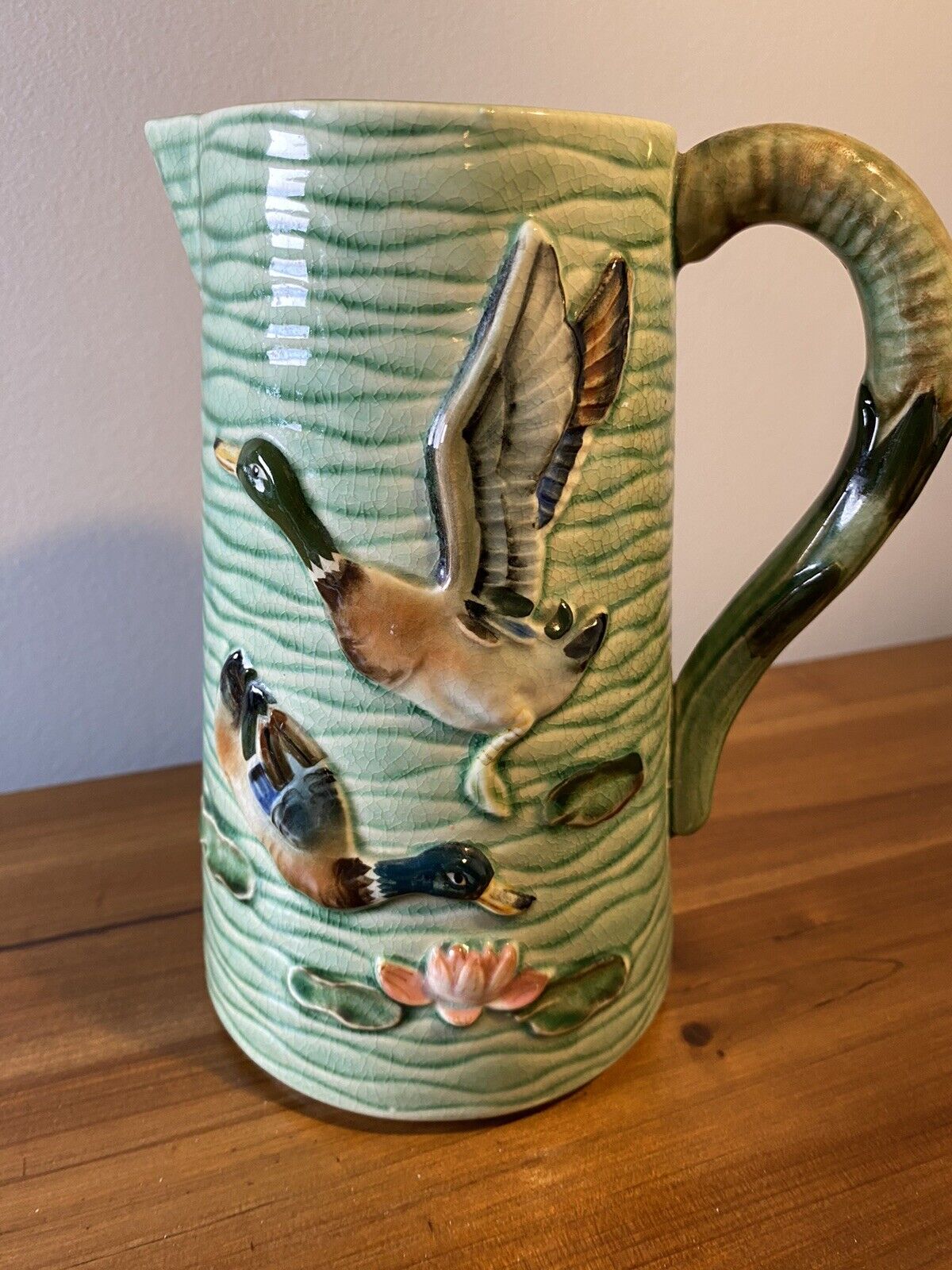 Vintage Majolica Green Pitcher With Mallard Ducks And Lilly Pads