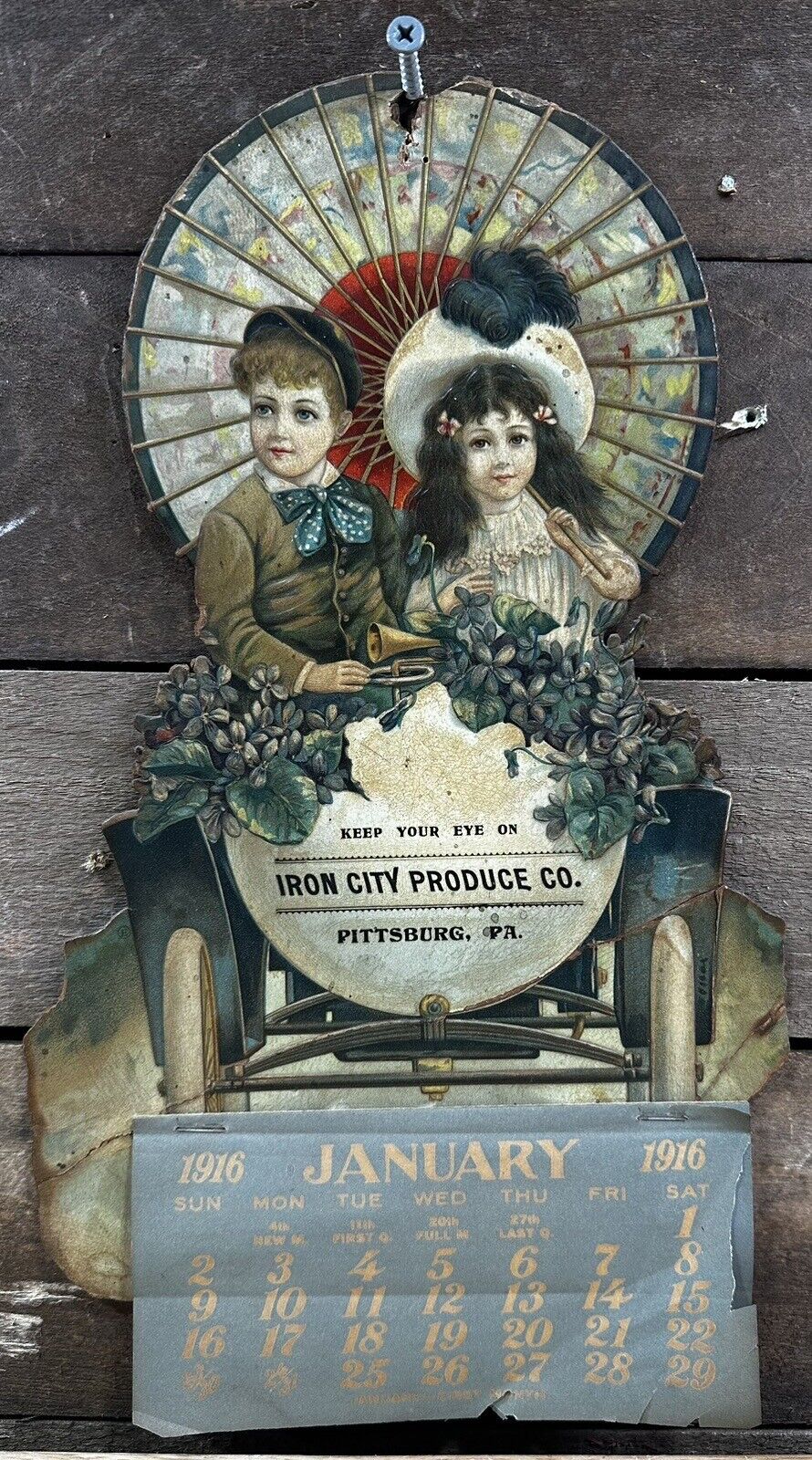 Antique Victorian Die Cut Iron City Produce Co. Pittsburgh PA. Calendar Boy/girl