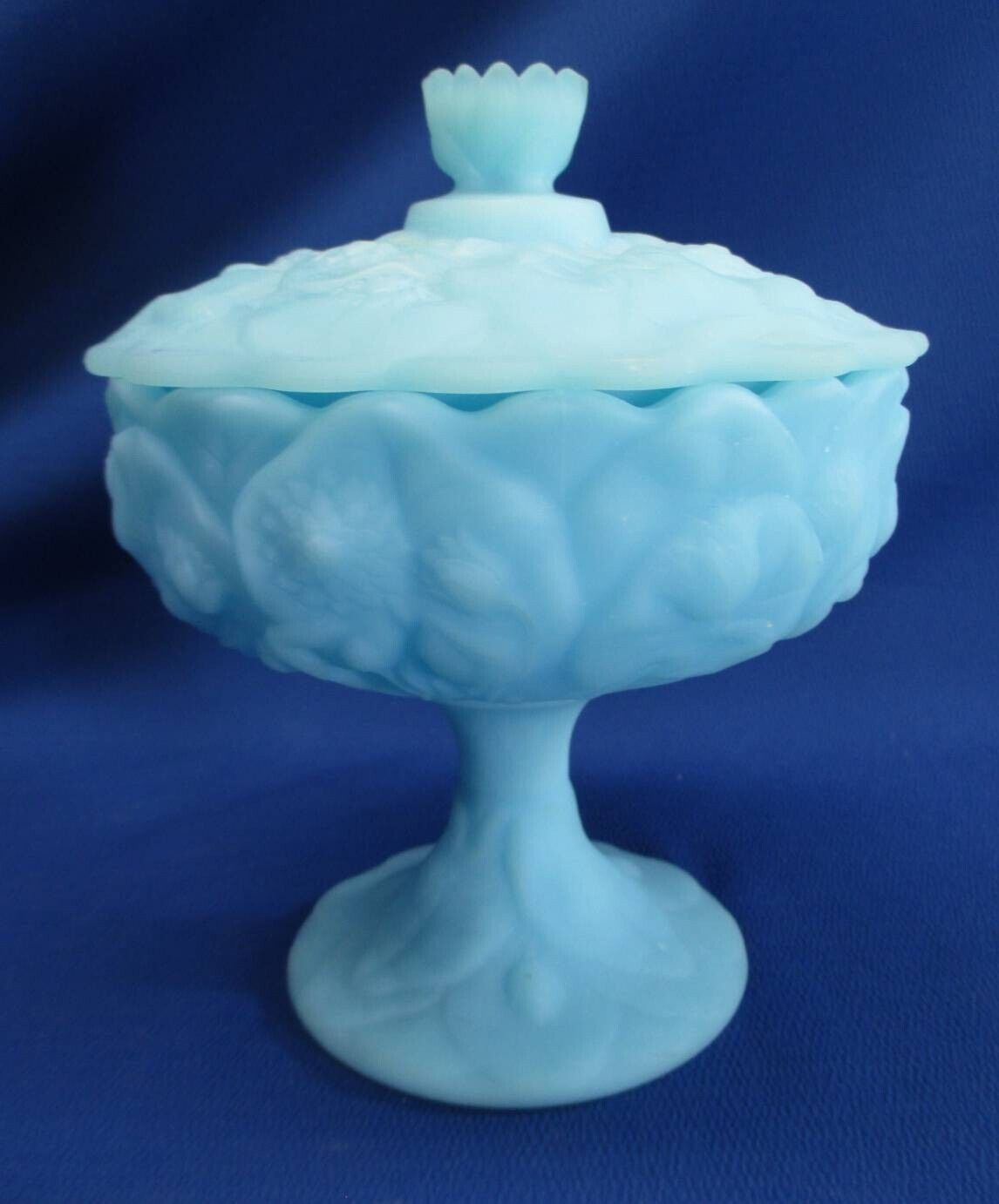 FENTON BLUE OPALINE SATIN GLASS WATER LILY COVERED PEDESTAL CANDY DISH