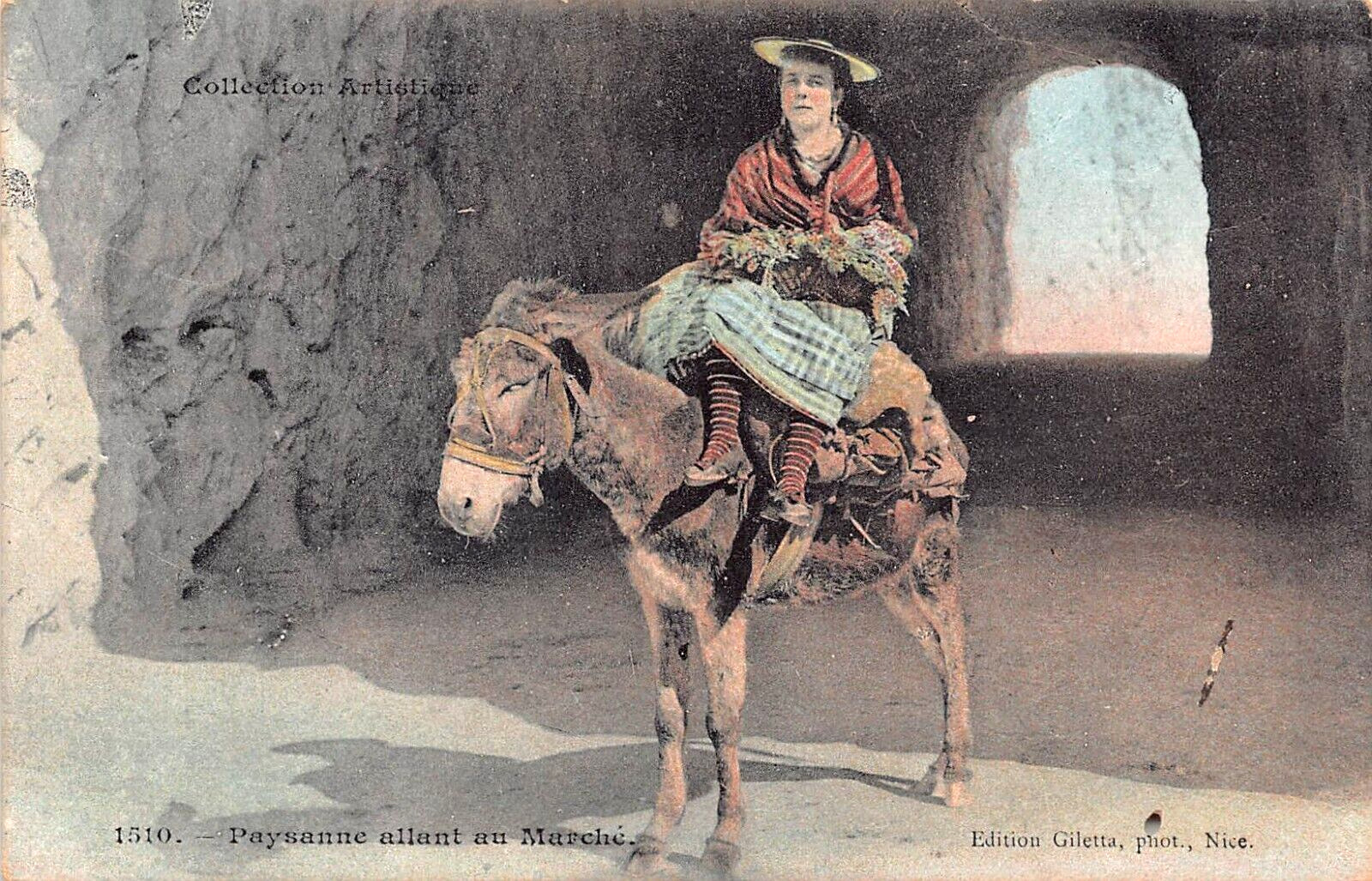 Nice France French Girl Riding Donkey Burro Market Early 1900s Vtg Postcard C11
