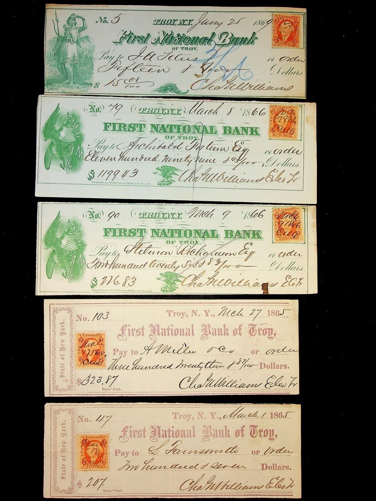 1865-69 Troy NY New York Bank Checks Charles Williams, Archibald Fortune, Titus