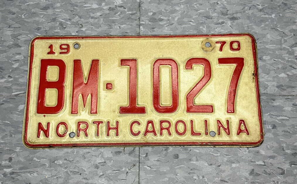 Vintage 1970 North Carolina License Plate BM 1027 Red Letters Man Cave Decor