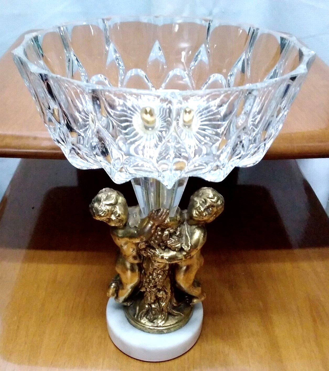 VTG Compote Candy/ Fruit Dish Cherub Holding Crystal Bowl 10” Tall Marble Base
