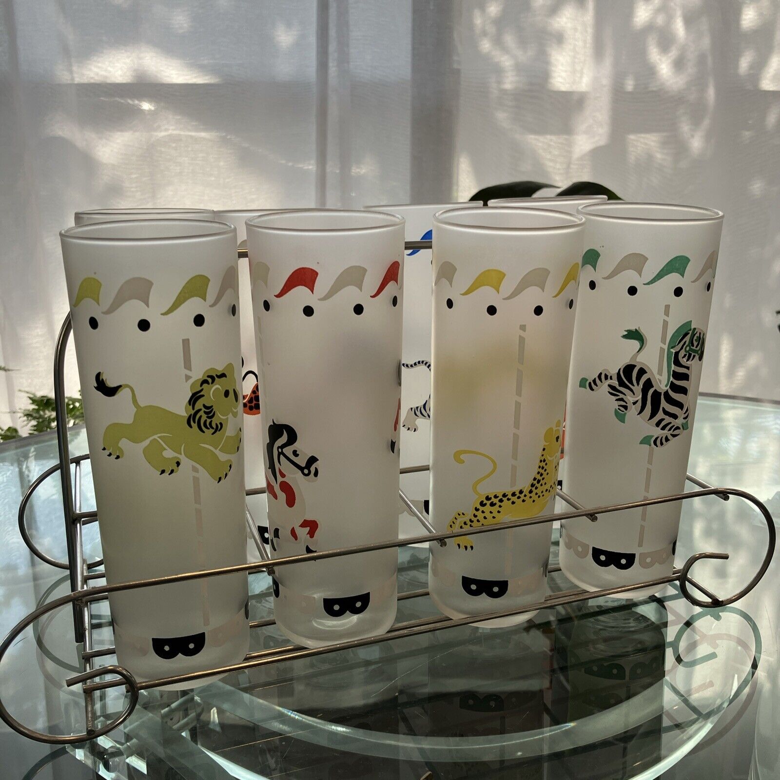 8 Vintage Libbey Circus Animals Living  Carousel Frosted Glasses  With Caddy