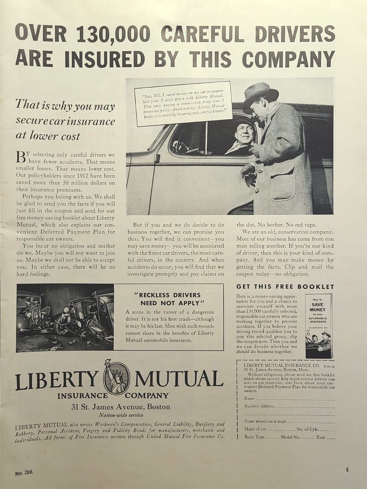 Liberty Mutual Insurance Company Auto No Reckless Drivers Vintage Print Ad 1936