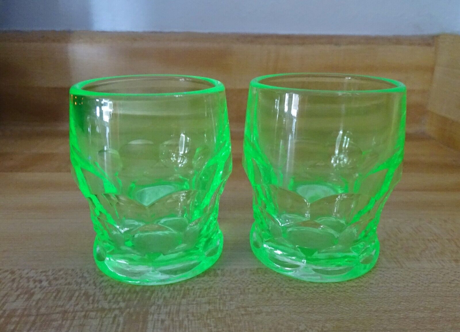 Green Vaseline Thumbprint 2oz Juice Double Shot Glass Uranium Vintage Set of 2