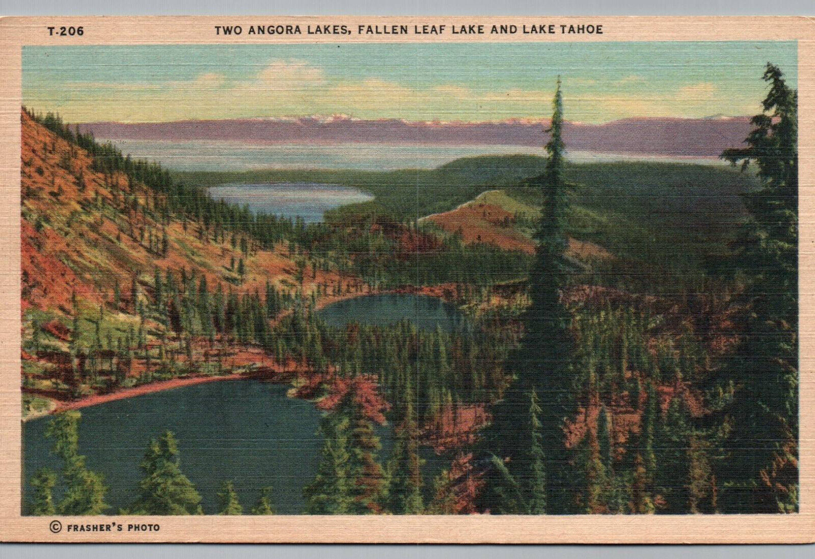 Lake Tahoe CA Two Angora Lakes Fallen Leaf, Lake Tahoe, Vintage Linen Postcard