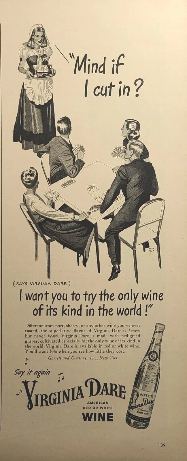 Garrett\'s Virginia Dare American Red White Wine Card Game Vintage Print Ad 1946