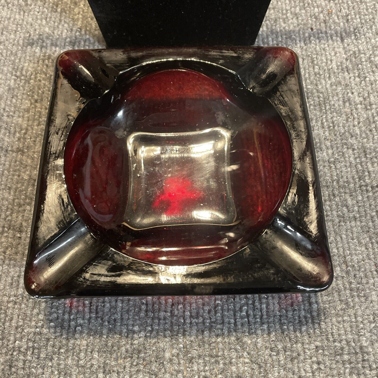 Vintage ANCHOR HOCKING VIBRANT Ruby Red Cigar Ashtray 5 1/2In. Square 