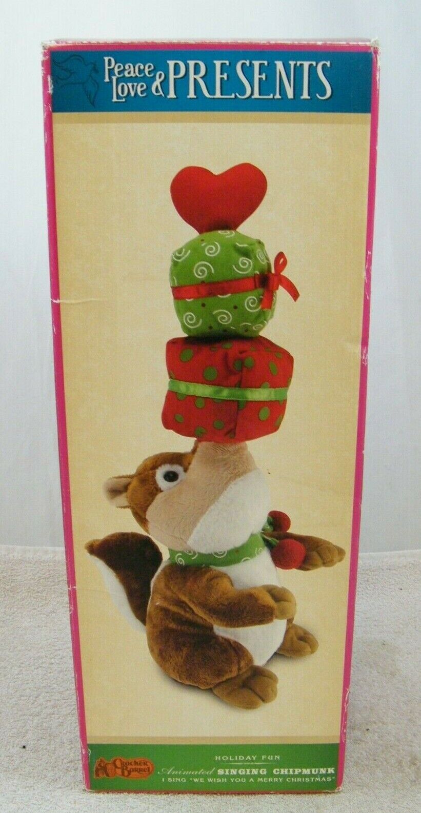 NEW CRACKER BARREL PEACE LOVE & PRESENTS ANIMATED CHIPMUNK SING MERRY CHRISTMAS