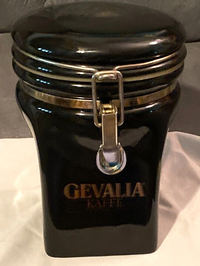 VTG GEVALIA KAFFE  CERAMIC COFFEE CANISTER  BLACK WITH BRASS TRIM-7.5\