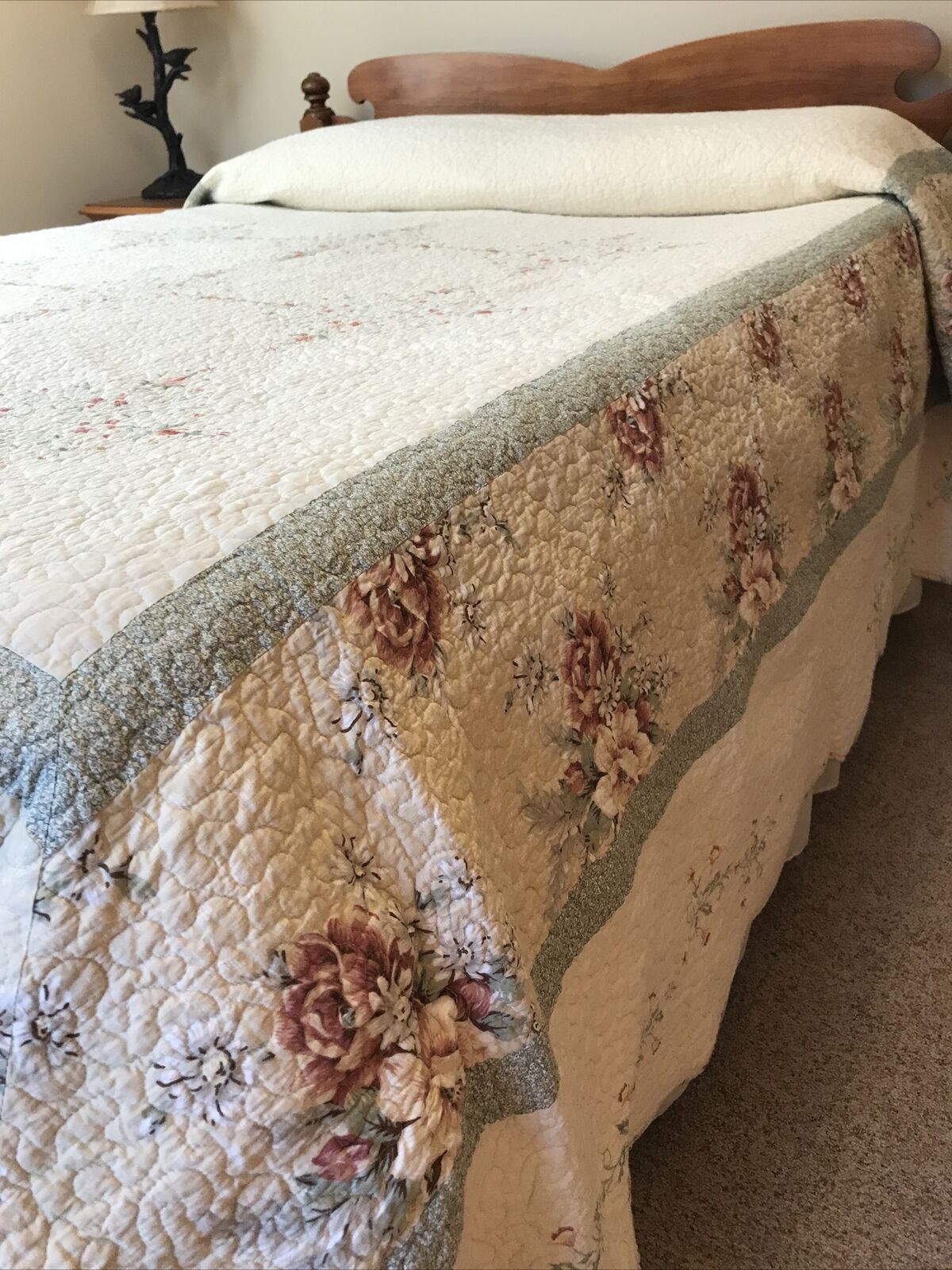 Vtg Full Queen Bedspread Quilt Chic Shabby Floral Embroidered, Pink Orange Green