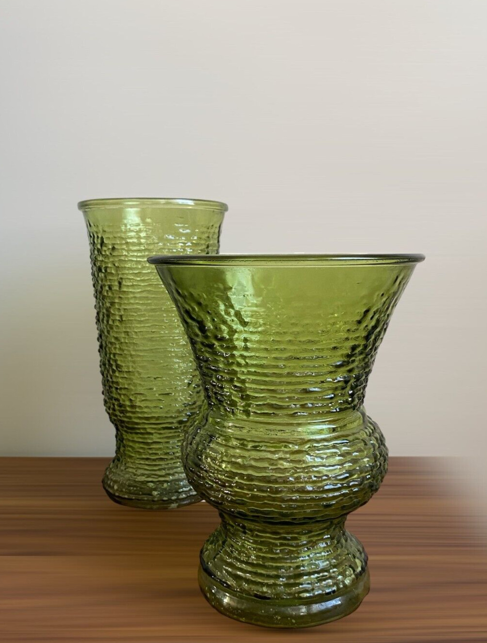 Set of 2 Mid-Century Modern NAPCO Textured Vases Olive Green