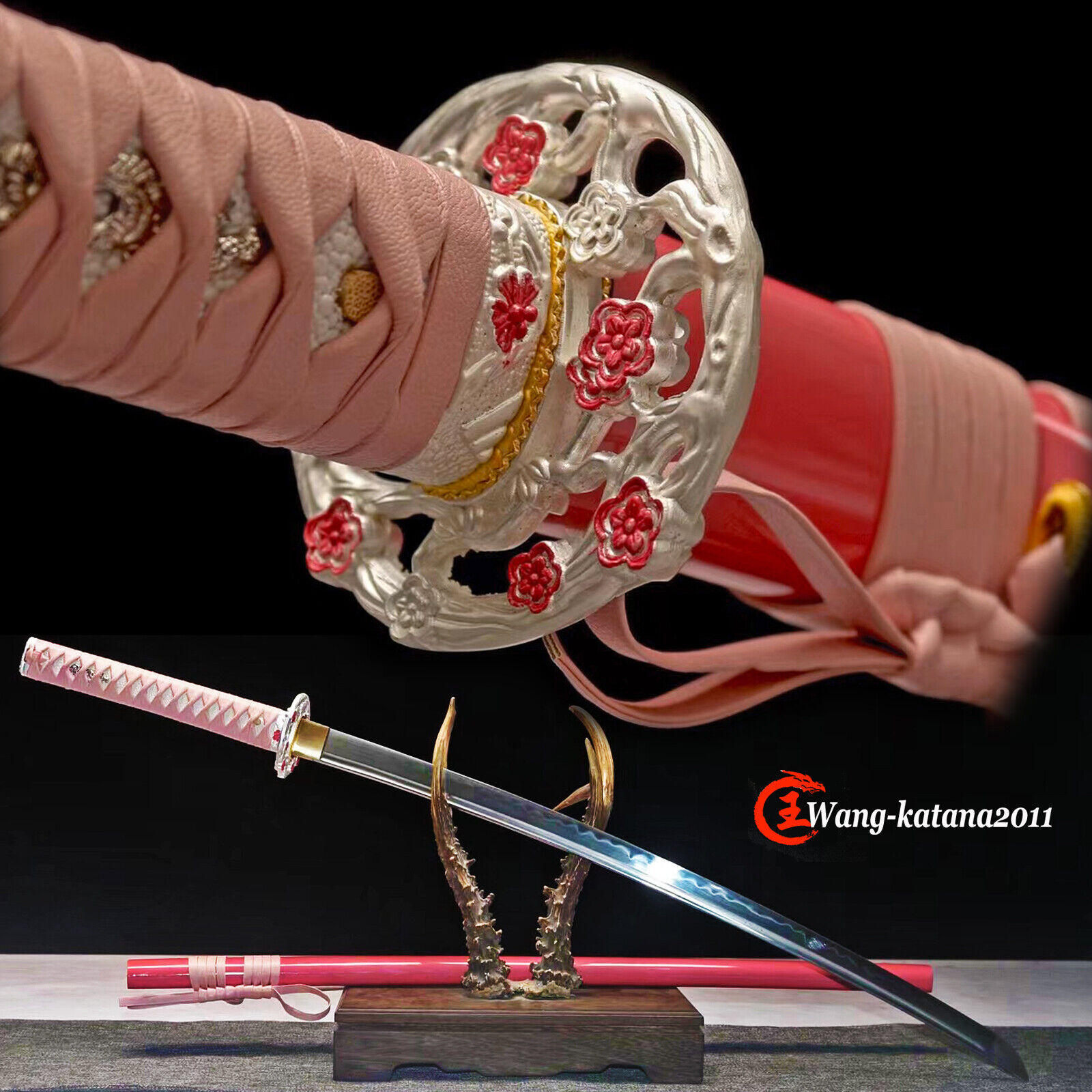 Pink Sharp Sakura Lady Sword 1095 Steel Clay Tempered Japanese Samurai Katana