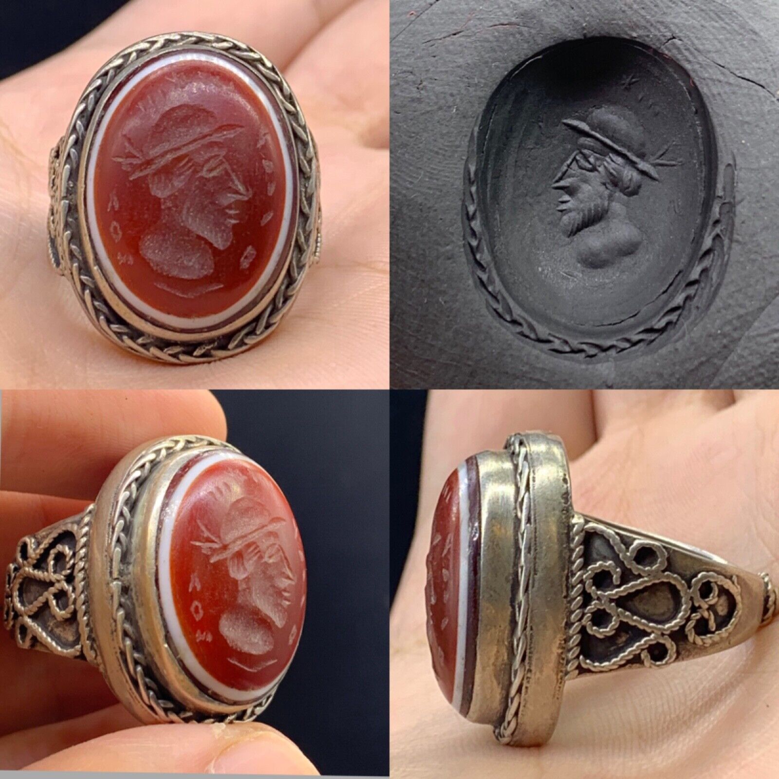Stunning Rare Ancient Roman Agate King Intaglio Silver Ring Antique .