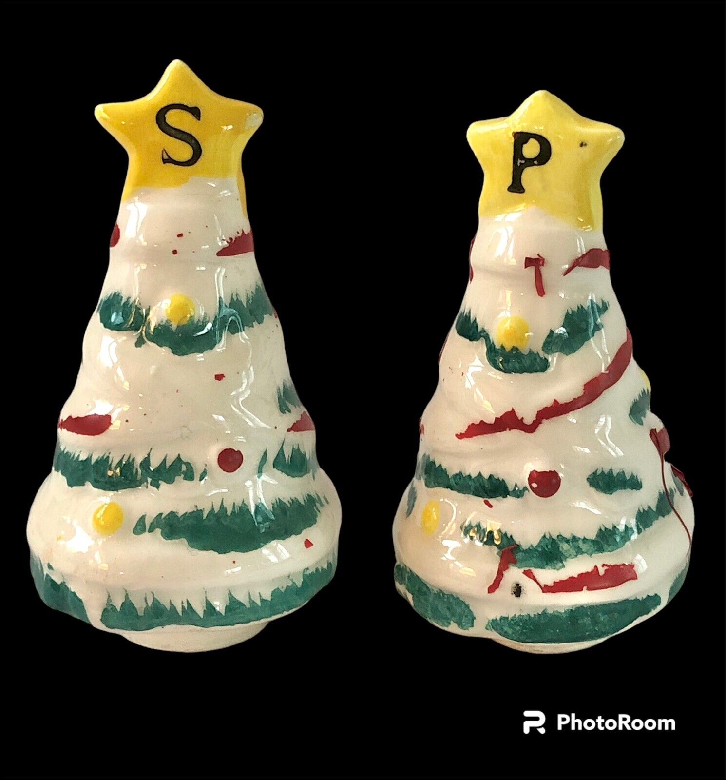 Vintage Hand Painted Ceramic White Christmas Tree Salt & Pepper Shakers Japan