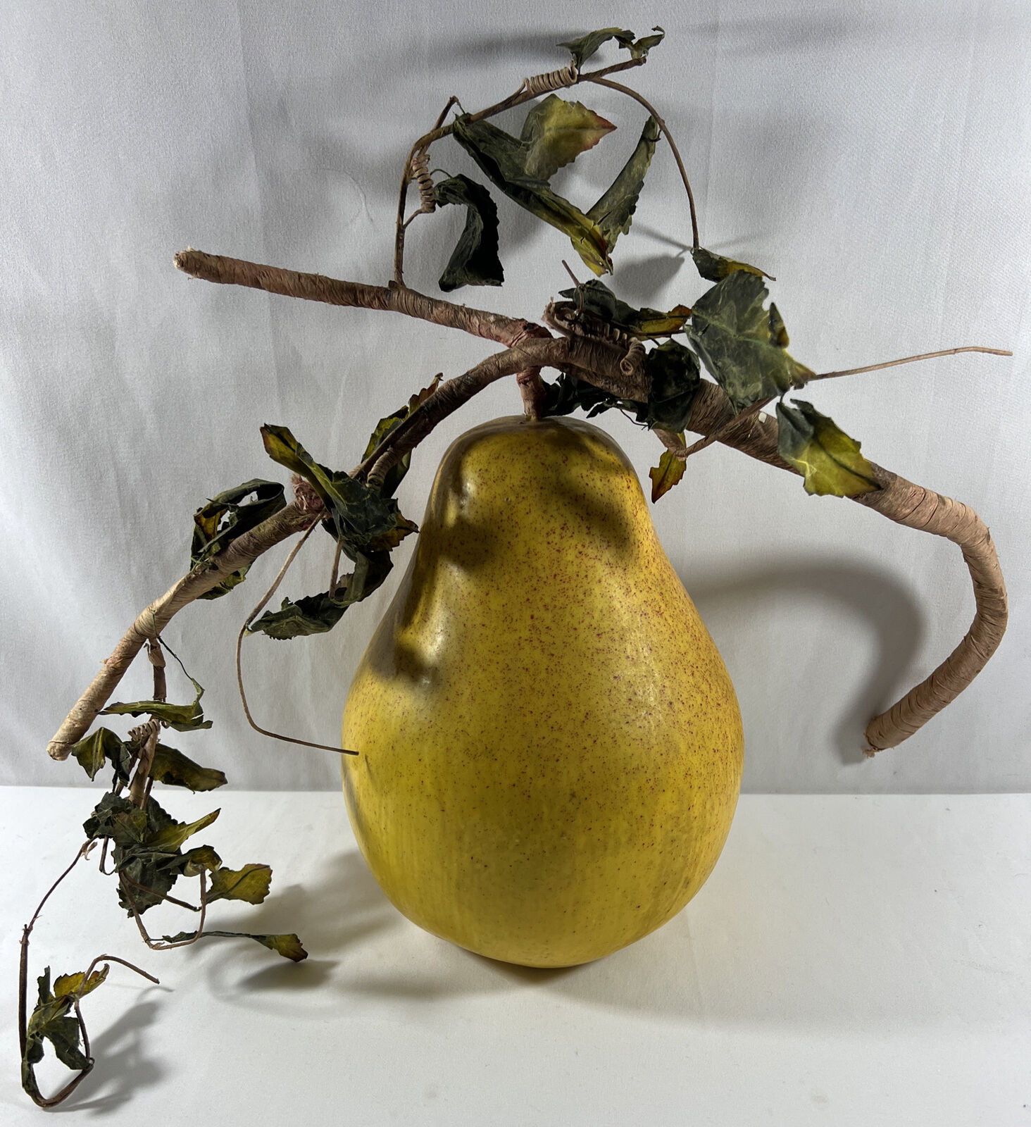 Vintage Huge XL Fake Yellow Ripe Pear Faux Fruit w/ Vine and Leaves 12”x8”