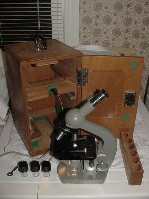 Vintage Olympus Microscope Wooden Case - Unknown Model - Light Works - As Is
